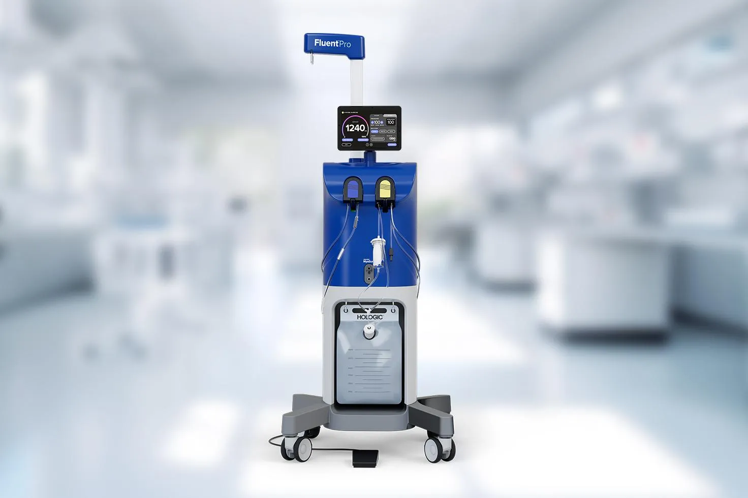 Hologic Fluent Pro Management System på en sløret baggrund af en operationsstue.